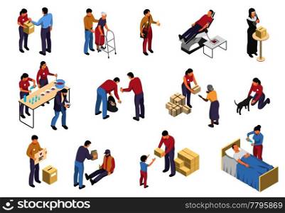 Charity isometric set with volunteers involved in social support and medical care to diseased elderly and homeless people isolated vector illustration. Volunteering And Charity Isometric Set