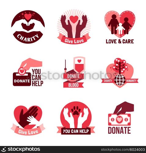 Charity Logo Emblems Set . Charity pink logo emblems set with humanity symbols flat isolated vector illustration