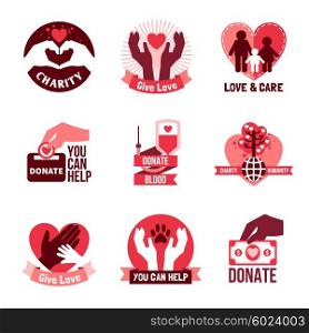 Charity Logo Emblems Set . Charity pink logo emblems set with humanity symbols flat isolated vector illustration