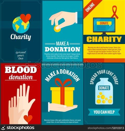 Charity mini posters set with money and blood donation flat isolated vector illustration . Charity posters set