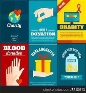 Charity mini posters set with money and blood donation flat isolated vector illustration . Charity posters set