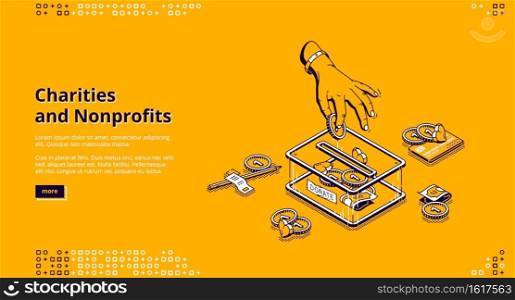 Charity, nonprofit donation isometric landing page. Hand put coins into donate money box slot. Volunteering and social help, solidarity and foundation aid, philanthropy, 3d vector line art web banner. Charity nonprofit donation isometric landing page