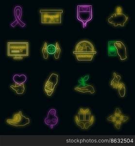 Charity organization icons set in neon style. Donation set collection vector illustration. Charity organization icons set vector neon