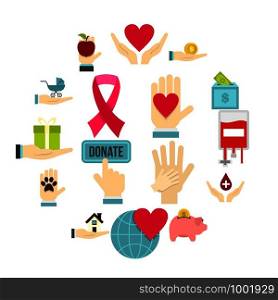 Charity set icons in flat style isolated on white background. Charity set flat icons