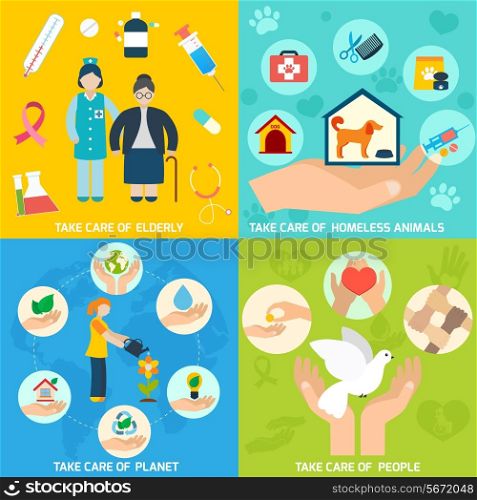 Charity social help services and volunteer work icons set flat isolated vector illustration