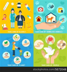Charity social help services and volunteer work icons set flat isolated vector illustration