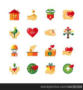 Charity Symbols Flat Icons Set . Non profit charity organizations symbols of fundraising donations and love flat icons collection abstract isolated vector illustrati