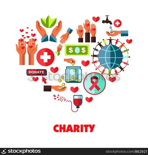 Charity themed icons set in big heart shape. Open human palms, lovely hearts, money for donation, green leaves, globe model, cancer ribbon and blood container cartoon flat vector illustrations.. Charity themed icons set in big heart shape