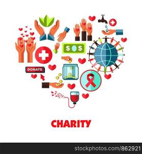 Charity themed icons set in big heart shape. Open human palms, lovely hearts, money for donation, green leaves, globe model, cancer ribbon and blood container cartoon flat vector illustrations.. Charity themed icons set in big heart shape