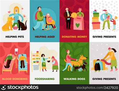 Charity types cards set with giving presents walking dogs blood donoring helping aged compositions flat vector illustration . Charity Types Cards Set