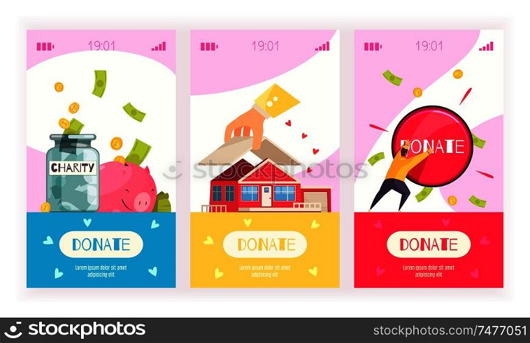 Charity vertical banners with clickable donate button mobile smartphone screen interface elements and doodle style images vector illustration