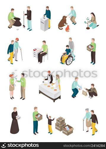 Charity volunteer people isometric set of isolated human characters of different age doing various humanitarian activities vector illustration. Humanitarian Charity Characters Collection