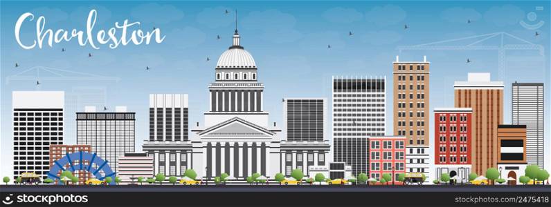 Charleston Skyline with Gray Buildings and Blue Sky. West Virginia. Vector Illustration. Business Travel and Tourism Concept with Modern Buildings. Image for Presentation Banner Placard and Web Site.