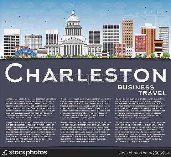 Charleston Skyline with Gray Buildings, Blue Sky and Copy Space. West Virginia. Vector Illustration. Business Travel and Tourism Concept with Modern Buildings. Image for Presentation Banner Placard and Web Site.