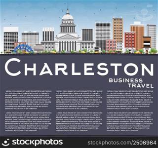 Charleston Skyline with Gray Buildings, Blue Sky and Copy Space. West Virginia. Vector Illustration. Business Travel and Tourism Concept with Modern Buildings. Image for Presentation Banner Placard and Web Site.
