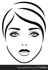 Charming and attractive female face with expressive eyes, black vector hand drawing on the white background