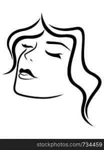 Charming and attractive woman with closed eyes and sensual face, black vector hand drawing on the white background
