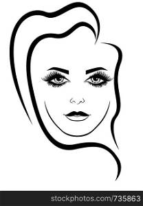 Charming and attractive woman with expressive eyes, black vector hand drawing on the white background