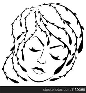 Charming and attractive woman with floral hair, sensual face and closed eyes, isolated on the white background, black vector hand drawing on the white background