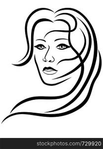 Charming and attractive woman with hair in flow and sensual face, black vector hand drawing on the white background