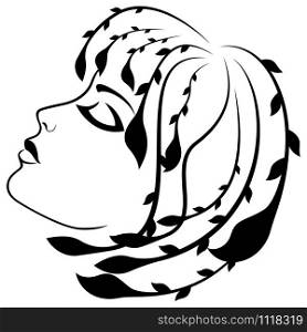 Charming and attractive woman with stylized floral hair and closed eye, side view, black vector hand drawing on the white background