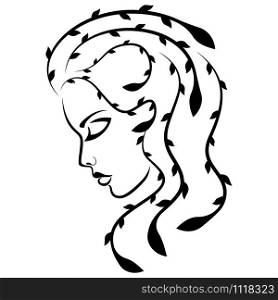 Charming and attractive woman with stylized floral hair and sensual face, black vector hand drawing on the white background