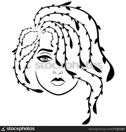 Charming and attractive woman with wavy floral hair covering one eye, isolated on the white background, black vector hand drawing on the white background