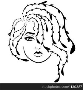 Charming and attractive woman with wavy floral hair covering one eye, isolated on the white background, black vector hand drawing on the white background