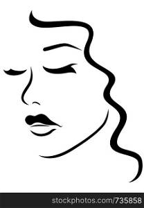 Charming and attractive woman with wavy hair and closed eyes, side view, black vector hand drawing on the white background