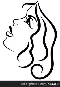 Charming and attractive woman with wavy hair and sensual face, side view, black vector hand drawing on the white background