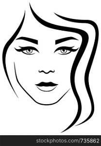 Charming and attractive woman with wavy hair, black vector hand drawing on the white background