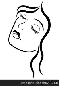Charming and beautiful woman with closed eyes, side view, black vector hand drawing on the white background