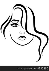 Charming and beautiful young woman with wavy hair covering one eye, black vector hand drawing on the white background