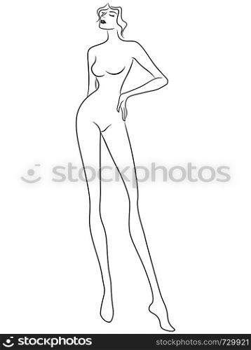 Charming and sophisticated woman with slim figure isolated on the white background, hand drawing vector outline
