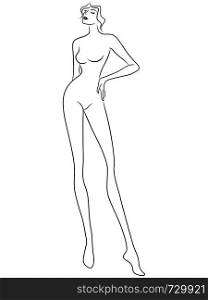 Charming and sophisticated woman with slim figure isolated on the white background, hand drawing vector outline