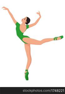 Charming ballerina in green leotard, hand drawing vector, isolated on the white background
