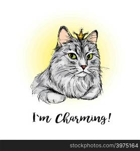 Charming cat with lettering, hand drawing vector illustration. Charming cat with lettering, hand drawing