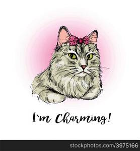 Charming cat with lettering, hand drawing vector illustration. Charming cat with lettering, hand drawing
