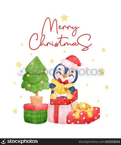 Charming Christmas Penguin Singing Festive Songs on Colorful Gift Boxes, Delightful Watercolor Cartoon for Kids. Perfect for Cards, Invitations, and Decorations