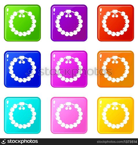 Charming gemstone bracelet icons set 9 color collection isolated on white for any design. Charming gemstone bracelet icons set 9 color collection