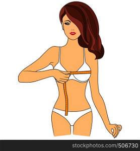Charming girl measuring the size of her chest with tape measure, colored vector illustration isolated on the white background