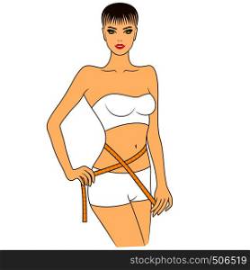 Charming girl measuring the size of her waist with tape measure, colored vector illustration isolated on the white background