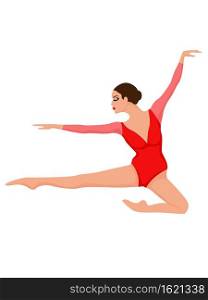 Charming lady dancer in red leotard with sleeves in jump, hand drawing vector, isolated on the white background