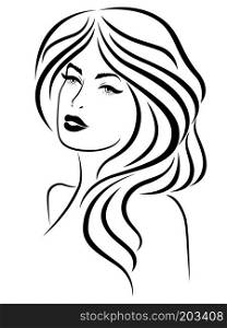 Charming lady with beautiful hair and sensual face, hand drawing black vector on the white background