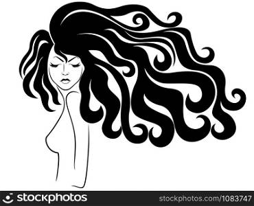 Charming lady with luxuriant wavy beautiful hair and closed eyes, hand drawing black illustration isolated on the white background