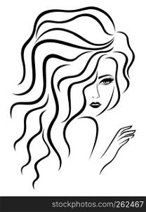 Charming lady with luxuriant wavy beautiful hair and sensual face, hand drawing black vector on the white background