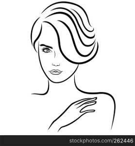 Charming lady with short hair and sensual face putting hand on her shoulder, black vector on white background