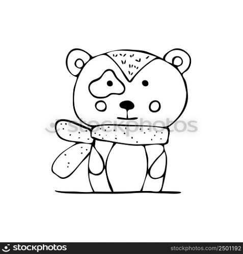 Charming teddy bear in a scandi style winter scarf drawn by hand. Baby, cute forest animal new year and christmas postcards