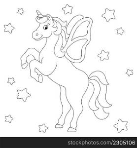 Charming unicorn with wings reared up. Coloring book page for kids. Cartoon style character. Vector illustration isolated on white background.