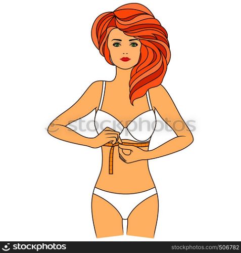 Charming woman standing and measuring the size of her chest with tape measure, colored vector illustration isolated on the white background